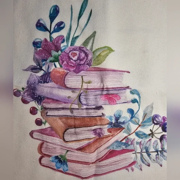 Books & Flowers Cotton Canvas Tote Bag with 2 Inner Pockets Reusable Washable - Picture 9 of 13
